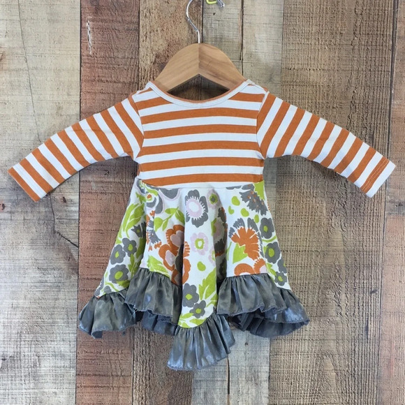 Giggle Moon Orange Gray Striped Floral Ruffle Dress Baby 6M Long Sleeve - Picture 6 of 11